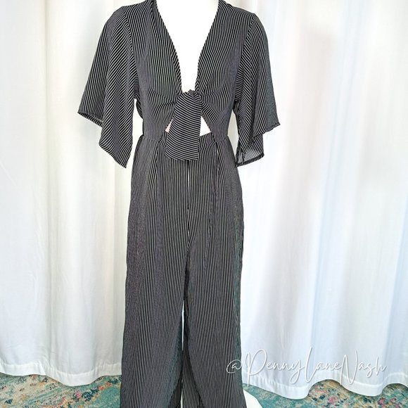 Rumor Pinstriped Tie Front Wide Leg Jumpsuit - Picture 2 of 9
